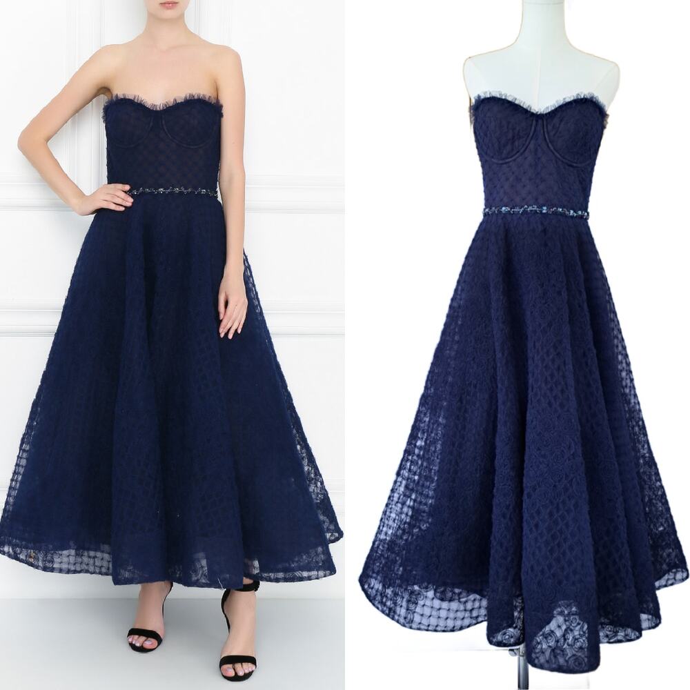 MARCHESA NOTTE Strapless Tulle Corset Dress Formal Gown Navy Blue *Altered*